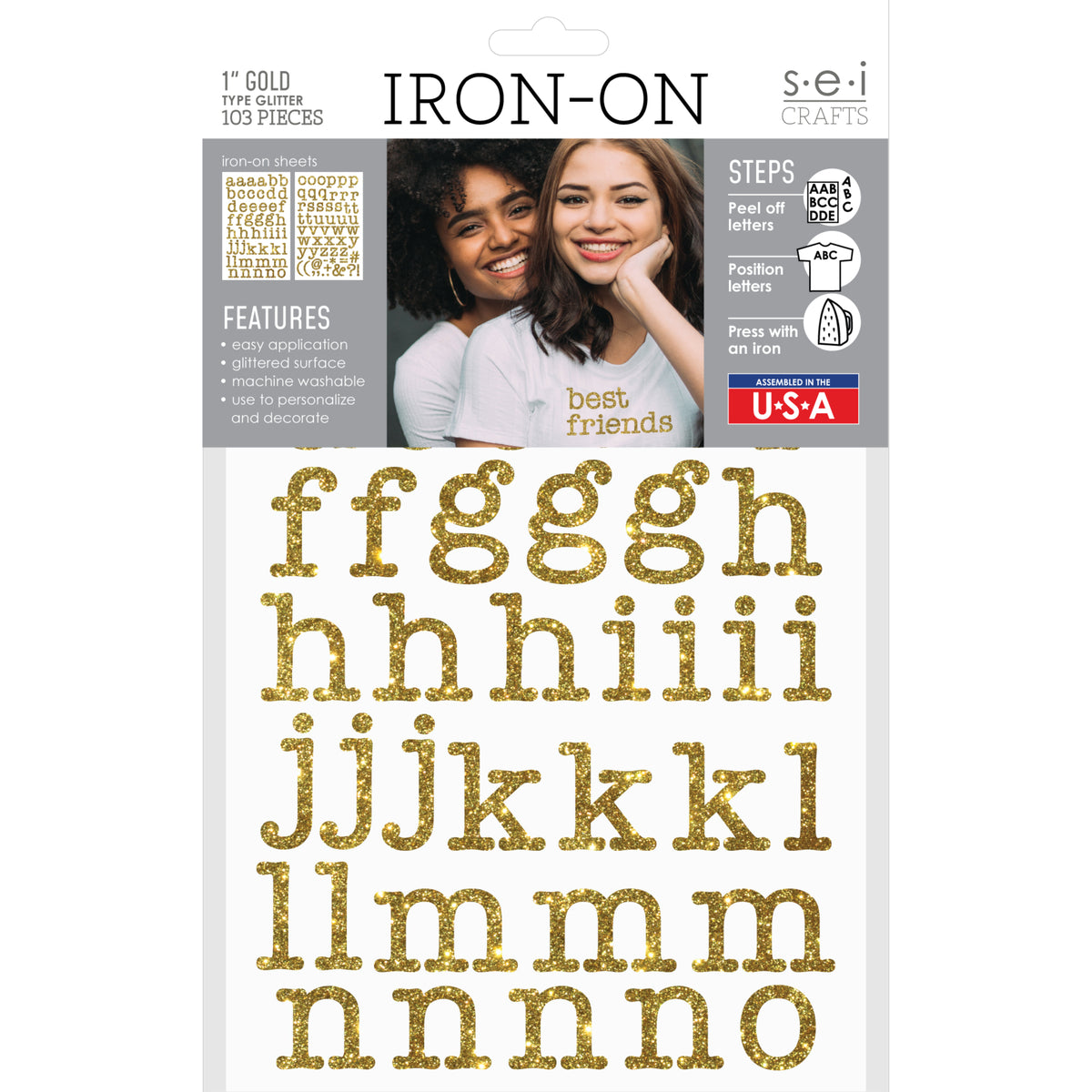 9-443 Varsity Alphabet and Punctuation - Gold Glitter 2 Inch Iron-on – SEI  Crafts
