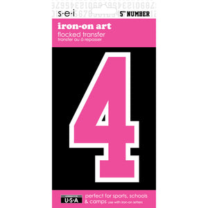 9-265 Athletic Numbers Individual #4 - 5 inch Neon Pink Flocked Iron-on