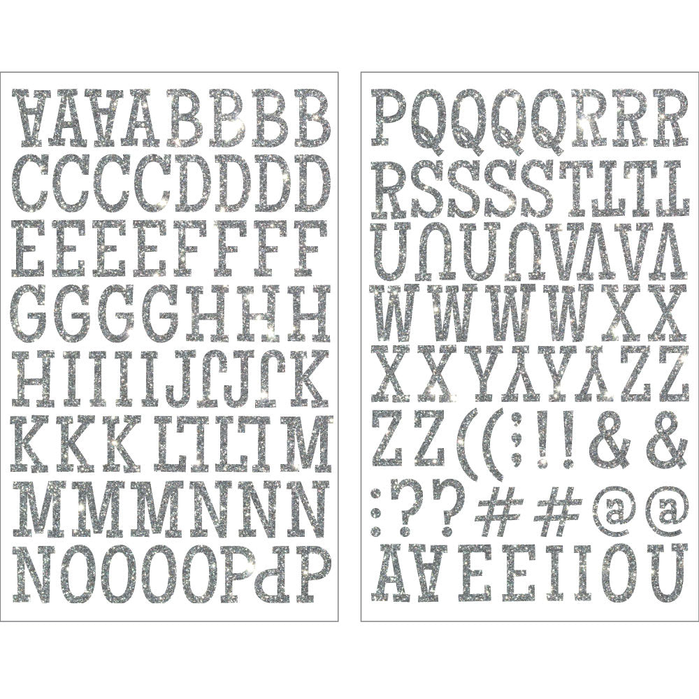 Alphabet stickers silver glitter letters on sheet