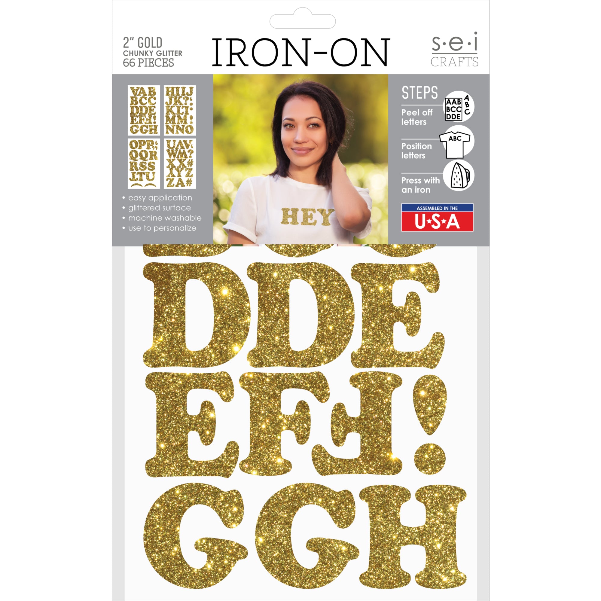 9-460 Chunky Alphabet - Gold Glitter Polyvinyl 2 Inch Iron-on